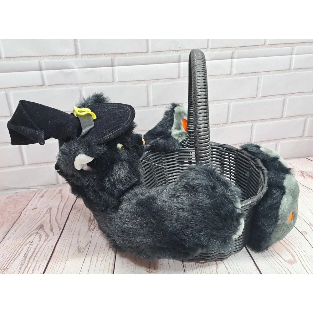 Vintage Halloween Plush Black Cat Wicker Basket Candy Trick Or Treat Decor